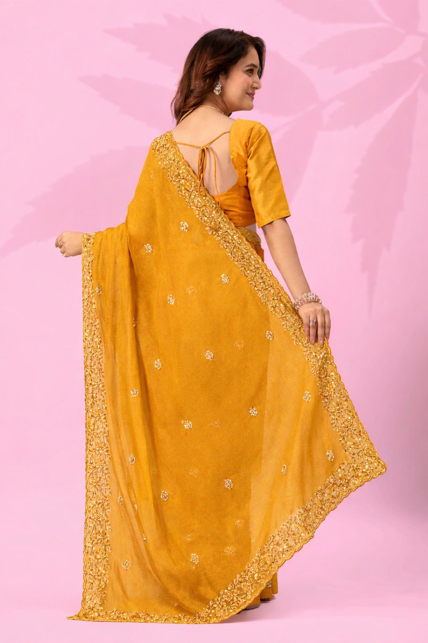 Yellow Art Silk Saree with Sequins Work ClothsVilla