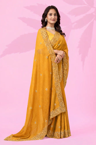 Yellow Art Silk Saree with Sequins Work ClothsVilla