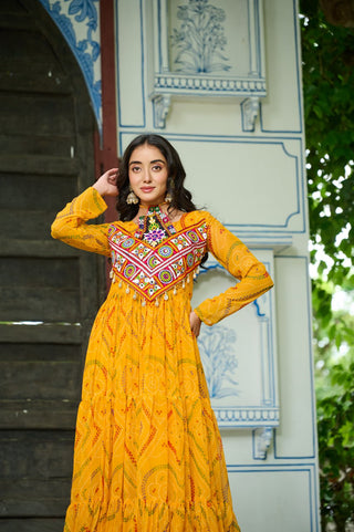 Yellow Bandhani Print Faux Georgette Gown with Kutchi Patchwork – Full Sleeves, 9 Meter Flair, Cotton Lining ClothsVilla