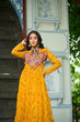 Load image into Gallery viewer, Yellow Bandhani Print Faux Georgette Gown with Kutchi Patchwork – Full Sleeves, 9 Meter Flair, Cotton Lining ClothsVilla