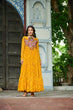 Load image into Gallery viewer, Yellow Bandhani Print Faux Georgette Gown with Kutchi Patchwork – Full Sleeves, 9 Meter Flair, Cotton Lining ClothsVilla