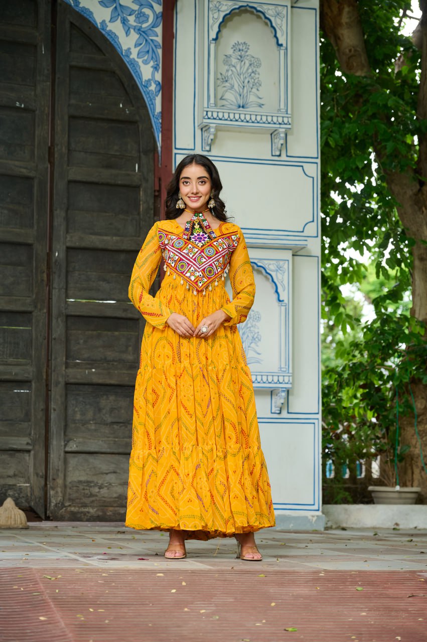 Yellow Bandhani Print Faux Georgette Gown with Kutchi Patchwork – Full Sleeves, 9 Meter Flair, Cotton Lining ClothsVilla