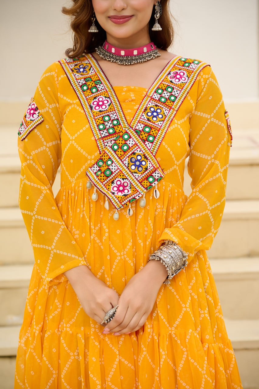 Yellow Bandhani Print Faux Georgette Gown with Kutchi Patchwork ClothsVilla