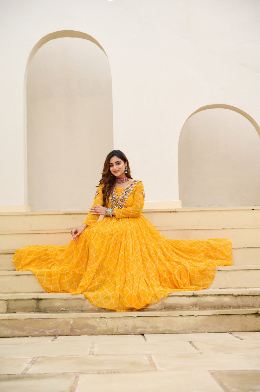 Yellow Bandhani Print Faux Georgette Gown with Kutchi Patchwork ClothsVilla
