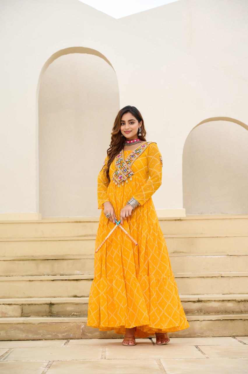 Yellow Bandhani Print Faux Georgette Gown with Kutchi Patchwork ClothsVilla
