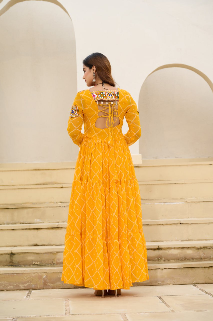 Yellow Bandhani Print Faux Georgette Gown with Kutchi Patchwork ClothsVilla