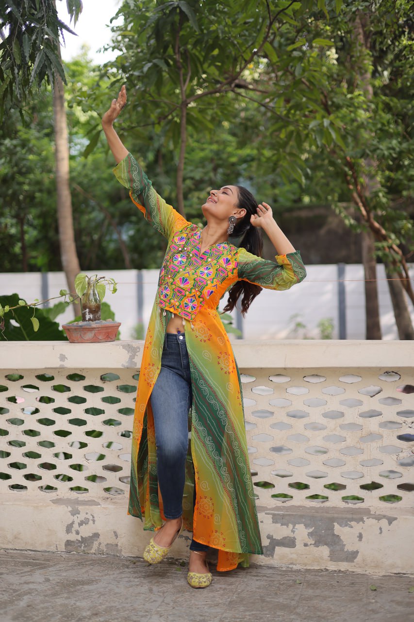 Yellow Bandhani Print Faux Georgette Kurti with Kutchi Patchwork ClothsVilla