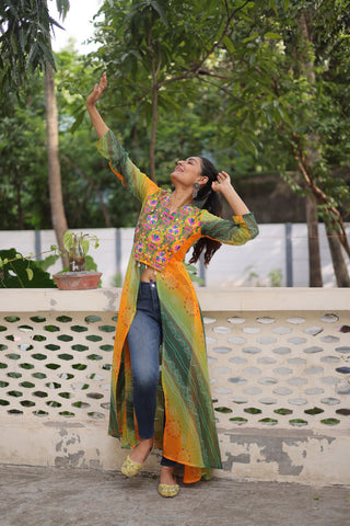 Yellow Bandhani Print Faux Georgette Kurti with Kutchi Patchwork ClothsVilla