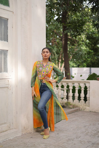 Yellow Bandhani Print Faux Georgette Kurti with Kutchi Patchwork ClothsVilla