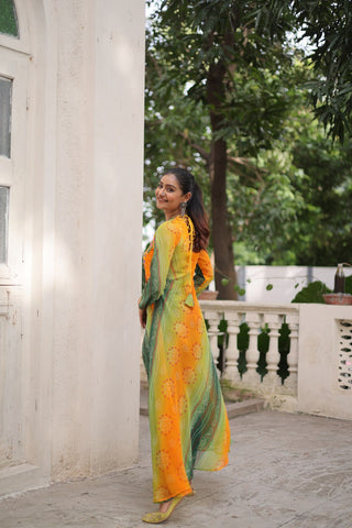 Yellow Bandhani Print Faux Georgette Kurti with Kutchi Patchwork ClothsVilla