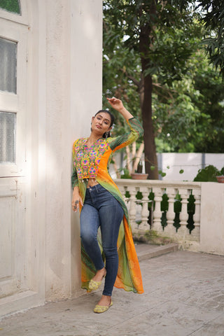 Yellow Bandhani Print Faux Georgette Kurti with Kutchi Patchwork ClothsVilla
