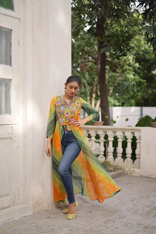Yellow Bandhani Print Faux Georgette Kurti with Kutchi Patchwork ClothsVilla
