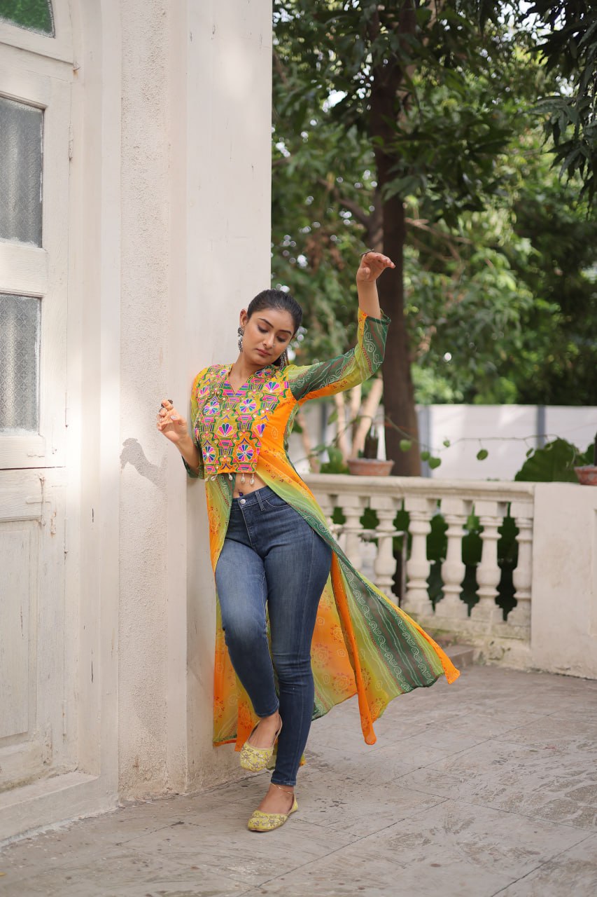 Yellow Bandhani Print Faux Georgette Kurti with Kutchi Patchwork ClothsVilla