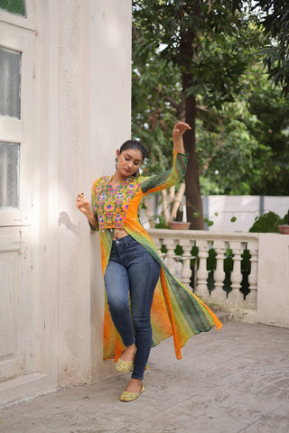 Yellow Bandhani Print Faux Georgette Kurti with Kutchi Patchwork ClothsVilla