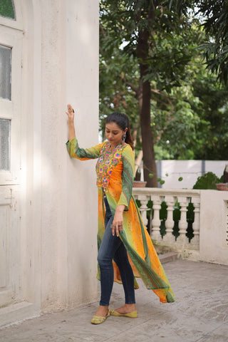Yellow Bandhani Print Faux Georgette Kurti with Kutchi Patchwork ClothsVilla