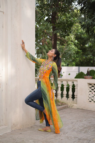 Yellow Bandhani Print Faux Georgette Kurti with Kutchi Patchwork ClothsVilla