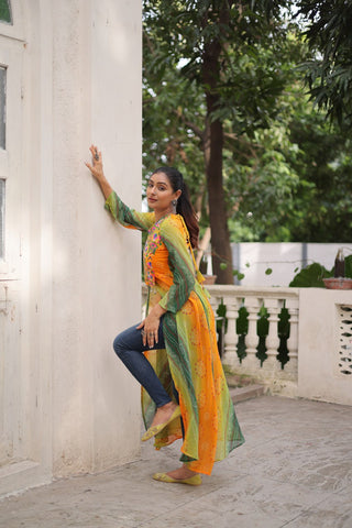 Yellow Bandhani Print Faux Georgette Kurti with Kutchi Patchwork ClothsVilla