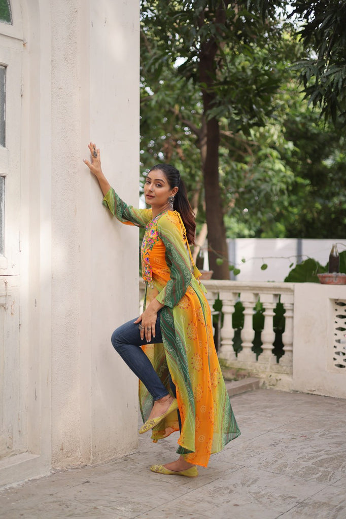 Yellow Bandhani Print Faux Georgette Kurti with Kutchi Patchwork ClothsVilla