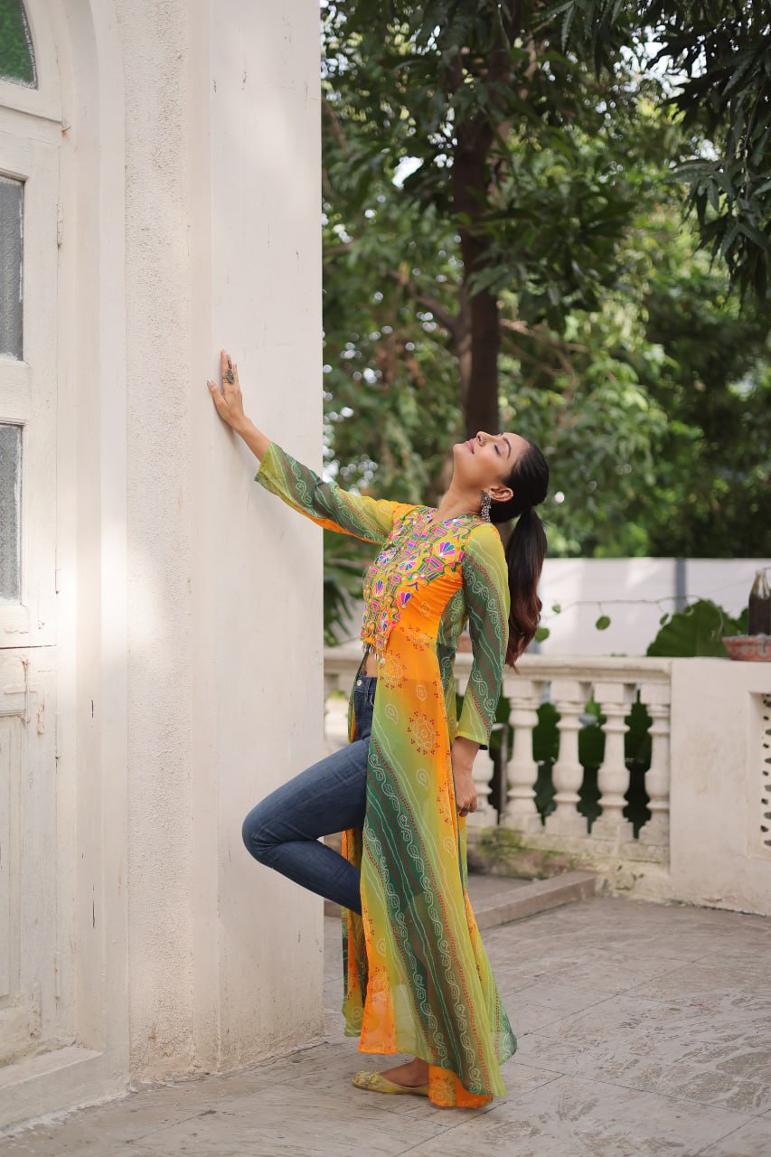 Yellow Bandhani Print Faux Georgette Kurti with Kutchi Patchwork ClothsVilla