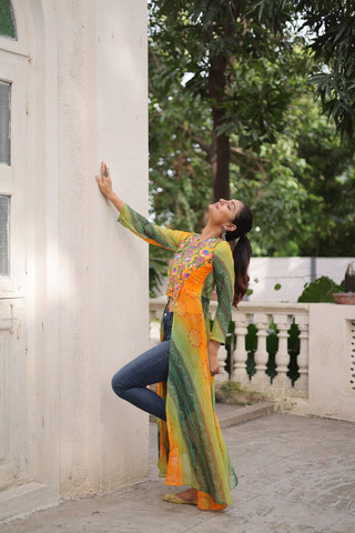Yellow Bandhani Print Faux Georgette Kurti with Kutchi Patchwork ClothsVilla