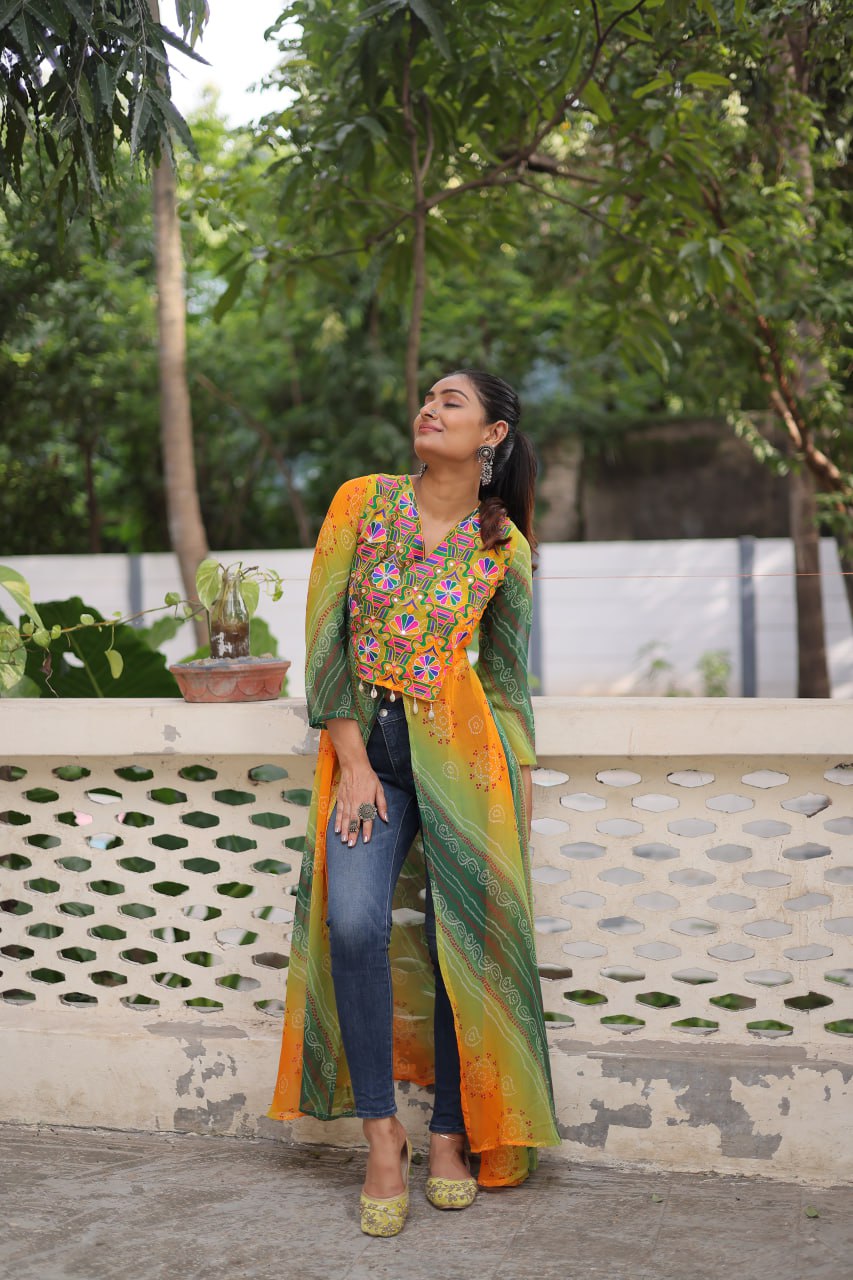 Yellow Bandhani Print Faux Georgette Kurti with Kutchi Patchwork ClothsVilla