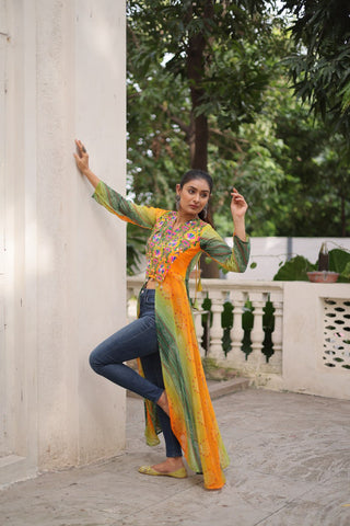 Yellow Bandhani Print Faux Georgette Kurti with Kutchi Patchwork ClothsVilla
