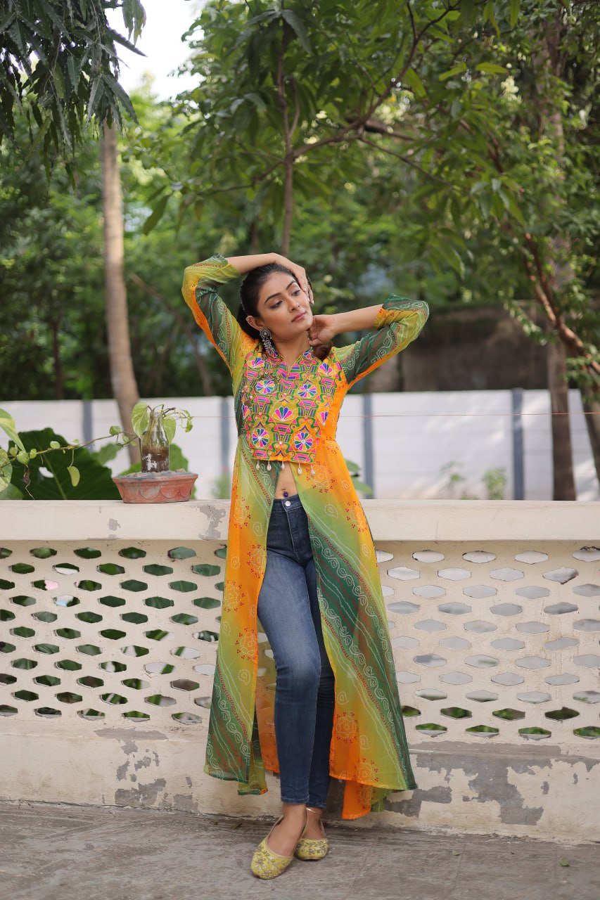 Yellow Bandhani Print Faux Georgette Kurti with Kutchi Patchwork ClothsVilla