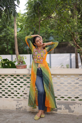 Yellow Bandhani Print Faux Georgette Kurti with Kutchi Patchwork ClothsVilla
