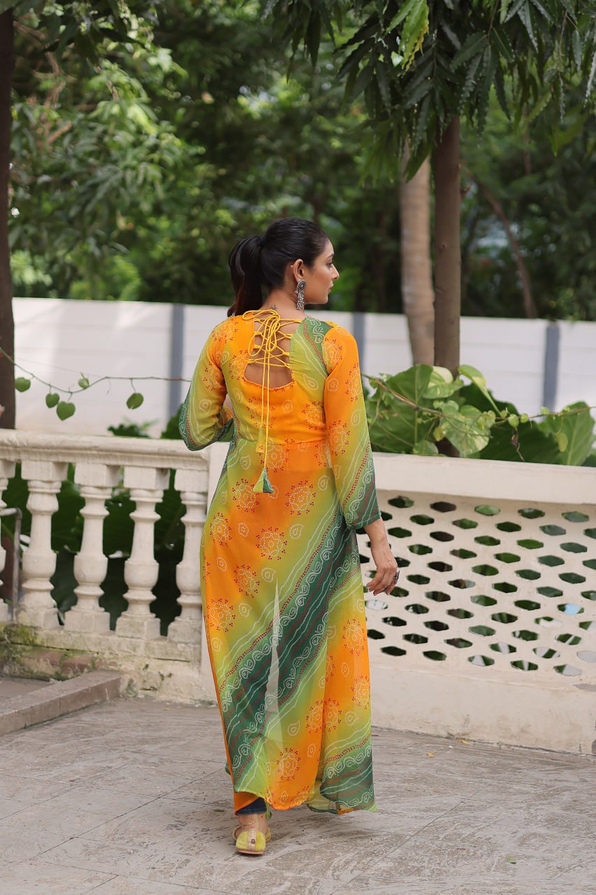 Yellow Bandhani Print Faux Georgette Kurti with Kutchi Patchwork ClothsVilla