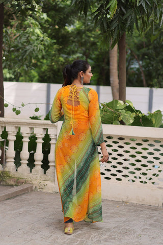 Yellow Bandhani Print Faux Georgette Kurti with Kutchi Patchwork ClothsVilla
