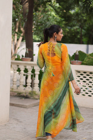 Yellow Bandhani Print Faux Georgette Kurti with Kutchi Patchwork ClothsVilla