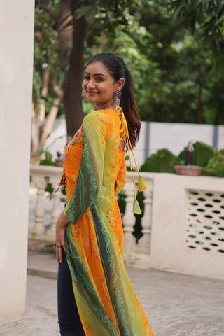 Yellow Bandhani Print Faux Georgette Kurti with Kutchi Patchwork ClothsVilla