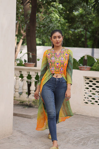 Yellow Bandhani Print Faux Georgette Kurti with Kutchi Patchwork ClothsVilla