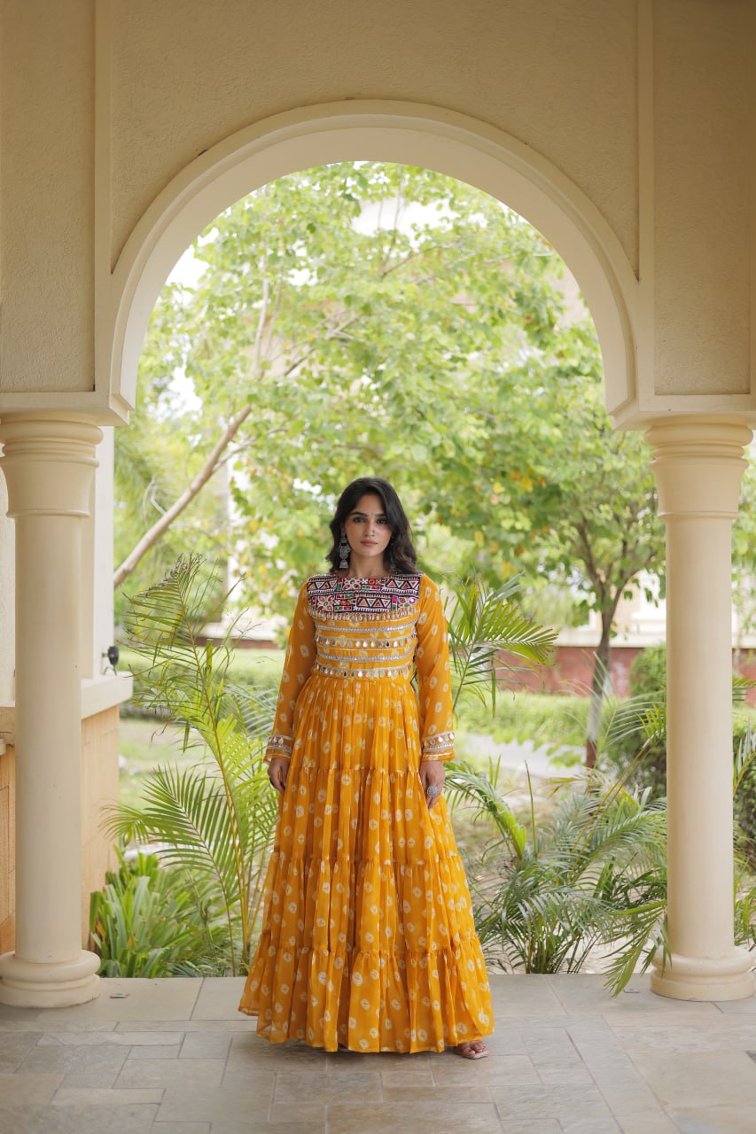 Yellow Bandhani Print Gown ClothsVilla