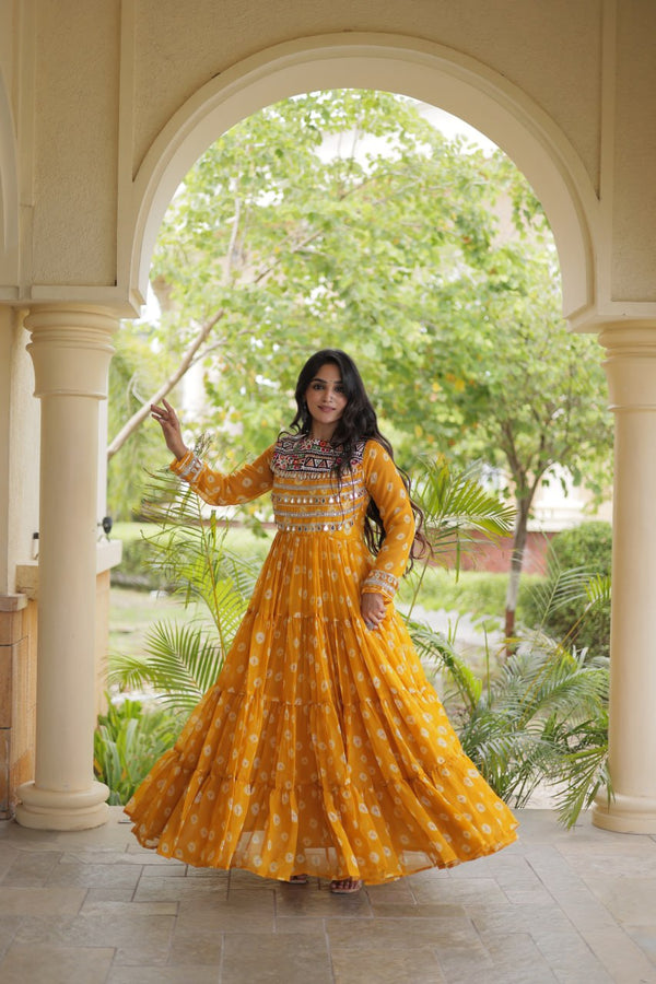 Yellow Bandhani Print Gown ClothsVilla