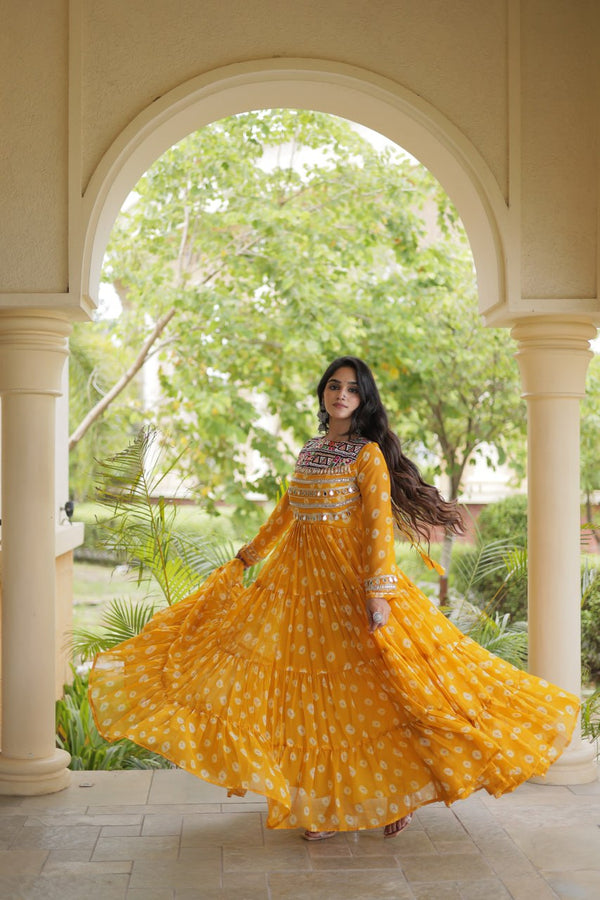 Yellow Bandhani Print Gown ClothsVilla