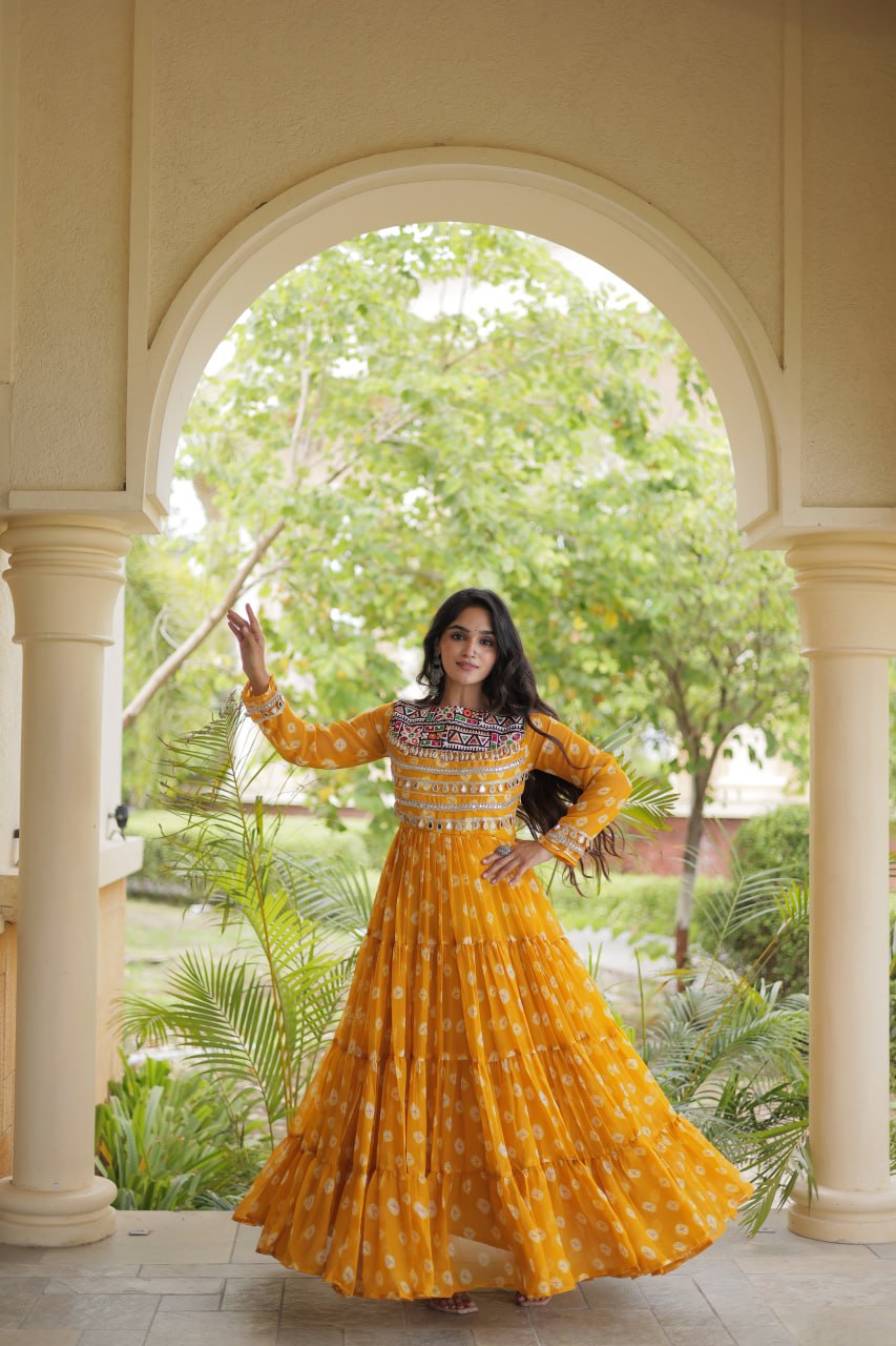 Yellow Bandhani Print Gown ClothsVilla