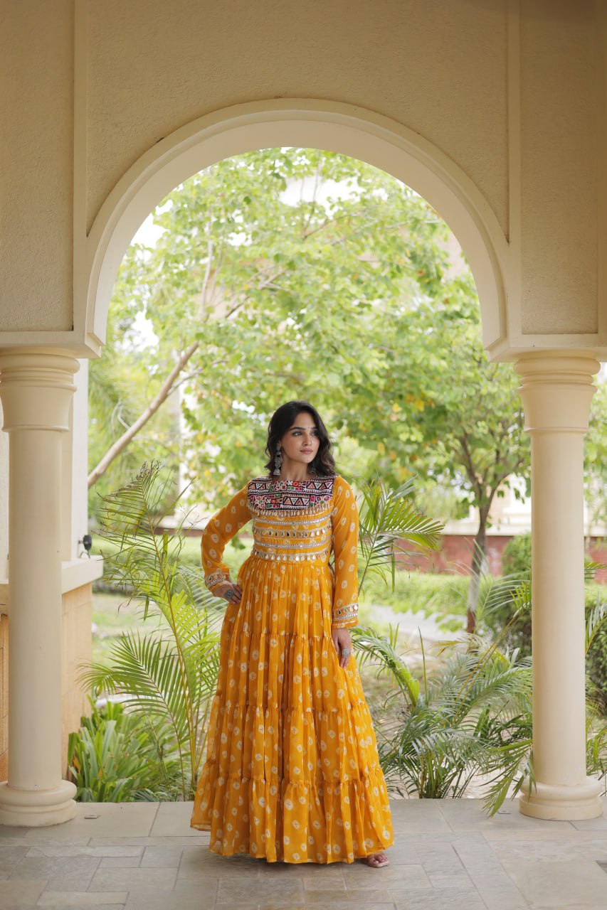 Yellow Bandhani Print Gown ClothsVilla