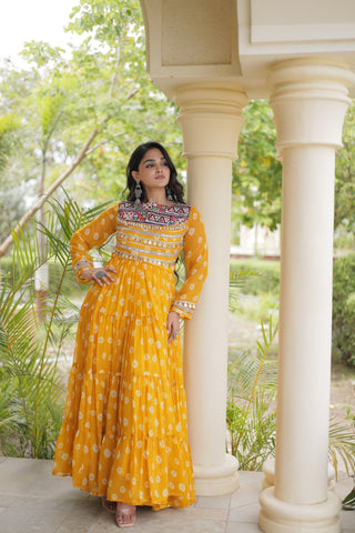 Yellow Bandhani Print Gown ClothsVilla