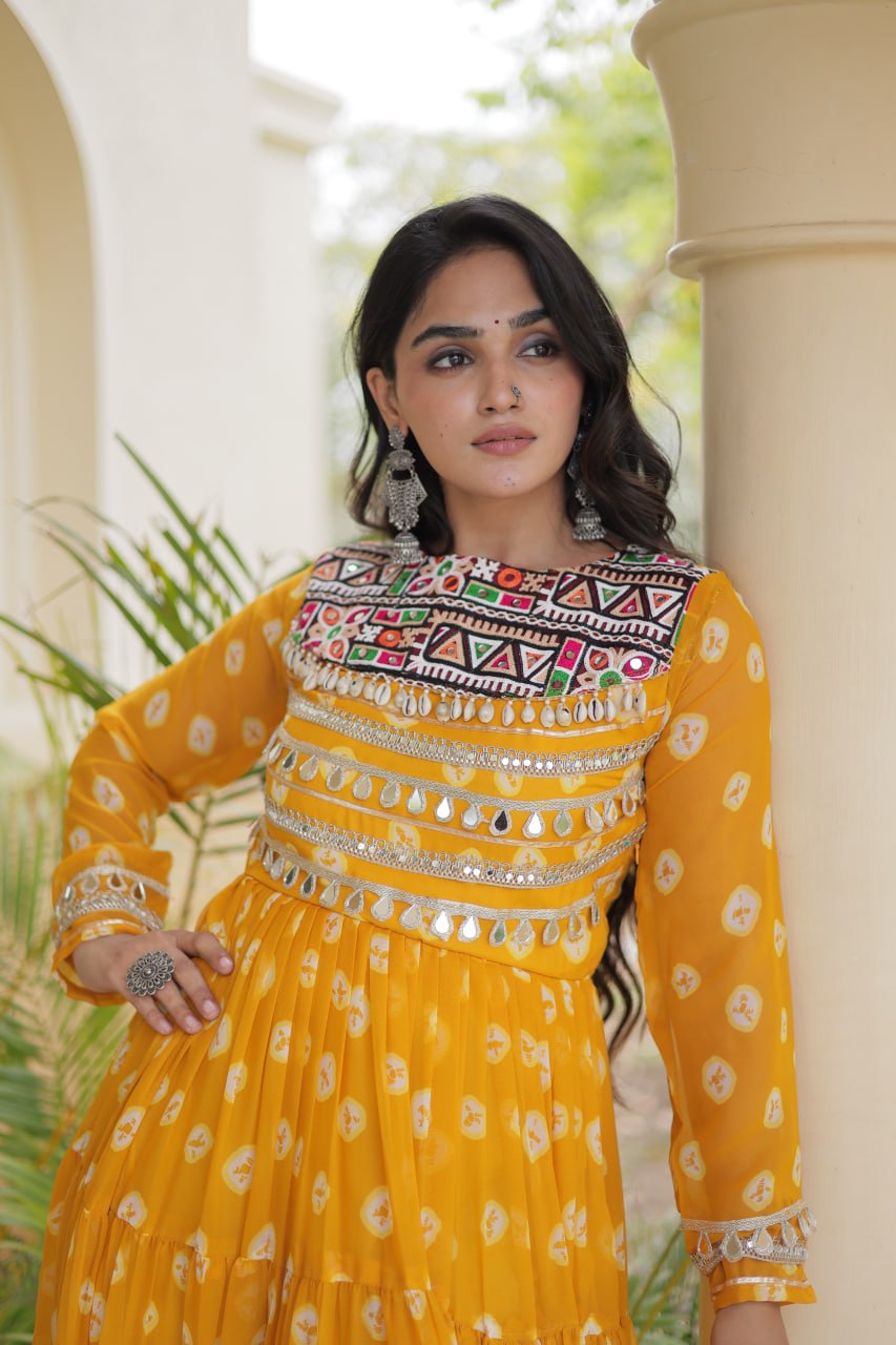 Yellow Bandhani Print Gown ClothsVilla