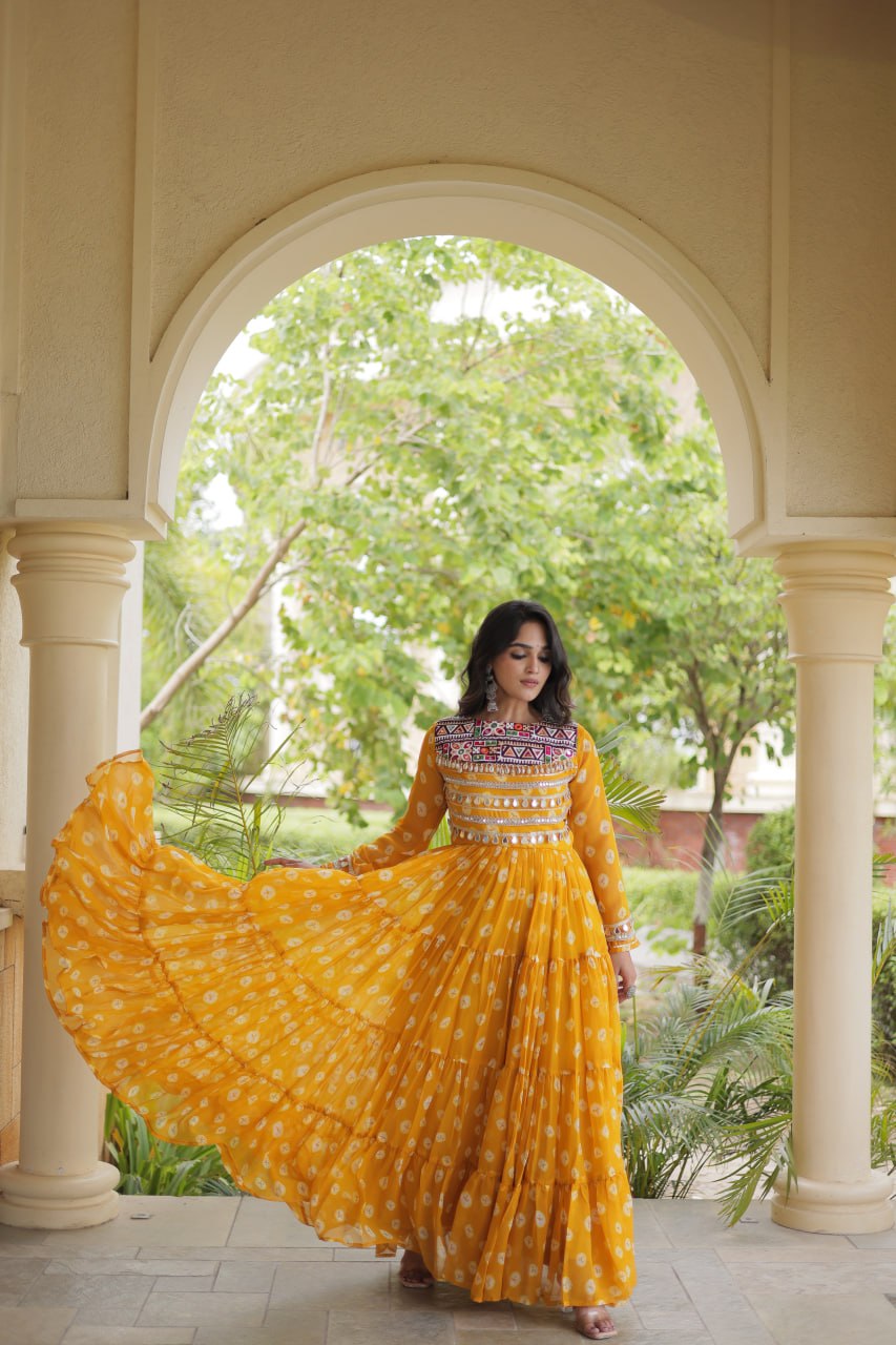 Yellow Bandhani Print Gown ClothsVilla