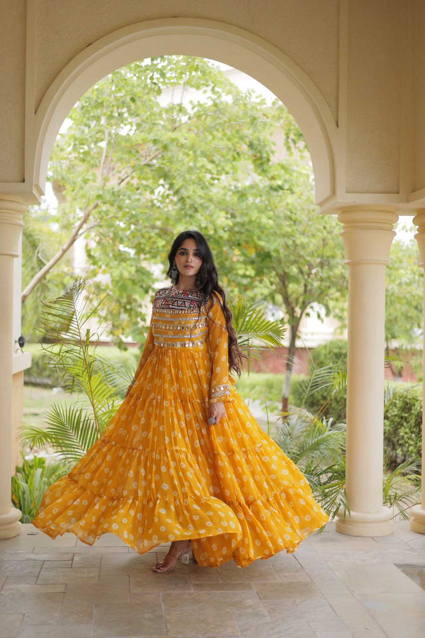 Yellow Bandhani Print Gown ClothsVilla