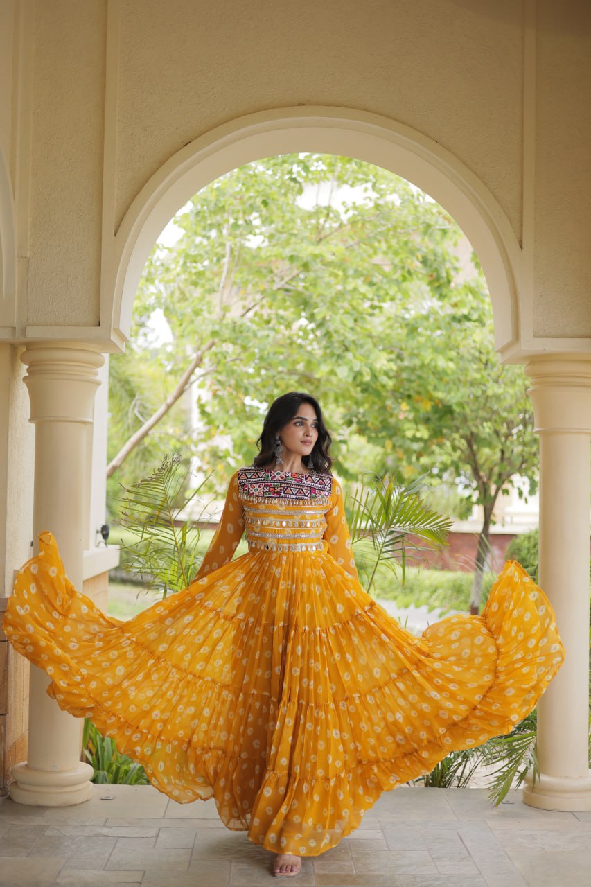 Yellow Bandhani Print Gown ClothsVilla