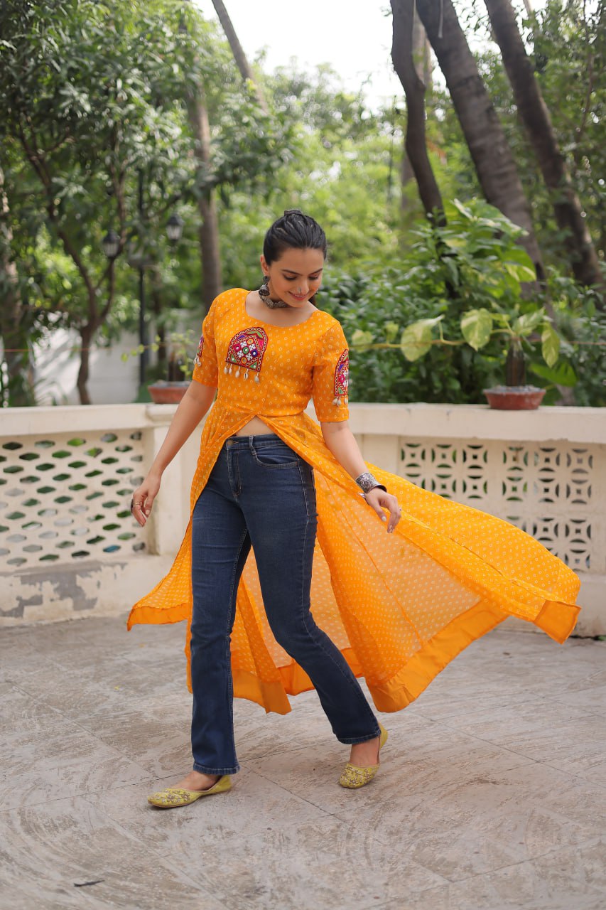 Yellow Bandhani Print Kurti with Kutchi Patchwork Detailing ClothsVilla