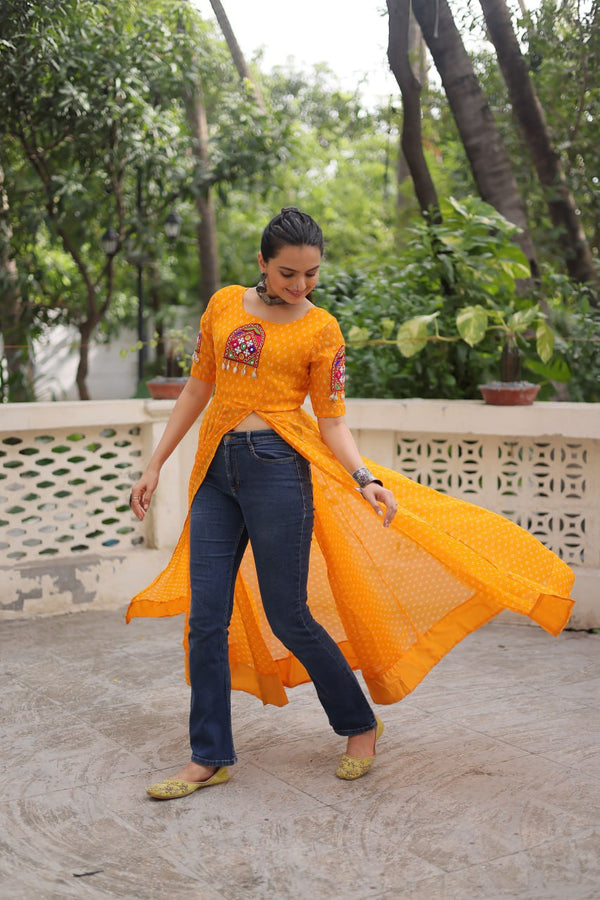 Yellow Bandhani Print Kurti with Kutchi Patchwork Detailing ClothsVilla