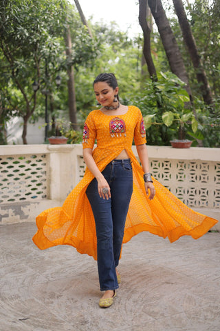 Yellow Bandhani Print Kurti with Kutchi Patchwork Detailing ClothsVilla