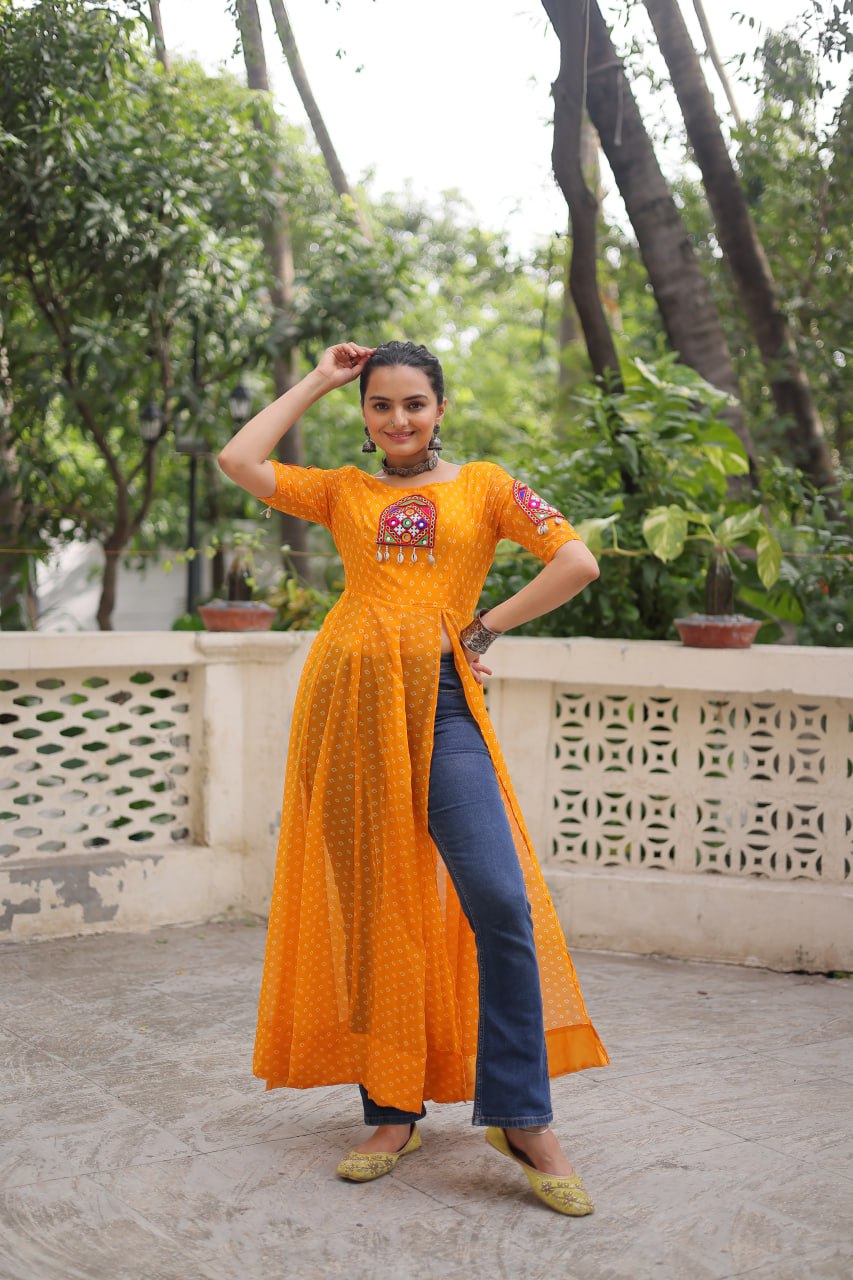 Yellow Bandhani Print Kurti with Kutchi Patchwork Detailing ClothsVilla
