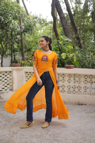 Yellow Bandhani Print Kurti with Kutchi Patchwork Detailing ClothsVilla