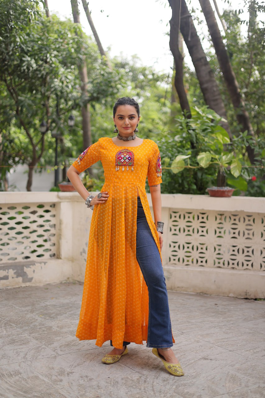 Yellow Bandhani Print Kurti with Kutchi Patchwork Detailing ClothsVilla