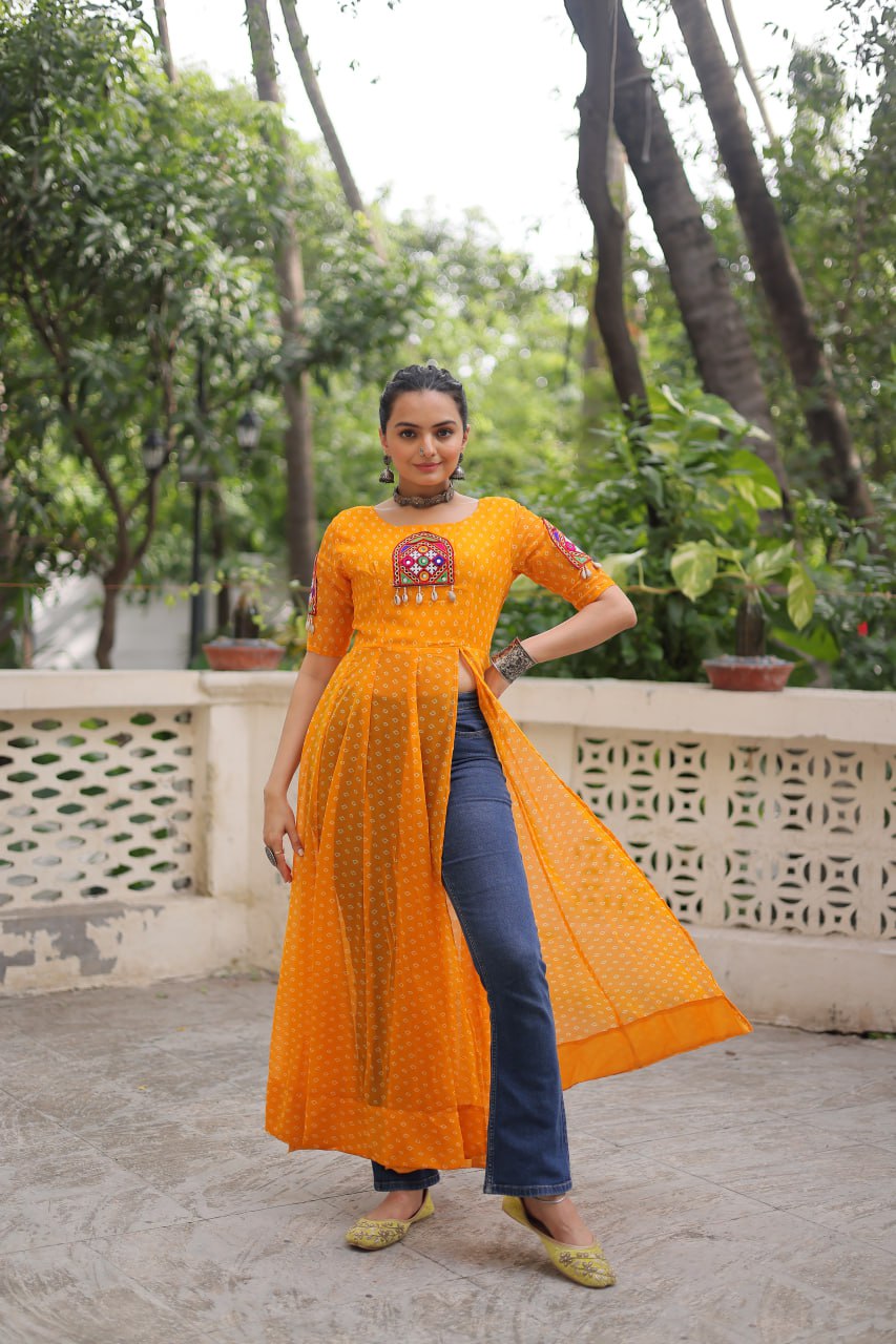 Yellow Bandhani Print Kurti with Kutchi Patchwork Detailing ClothsVilla